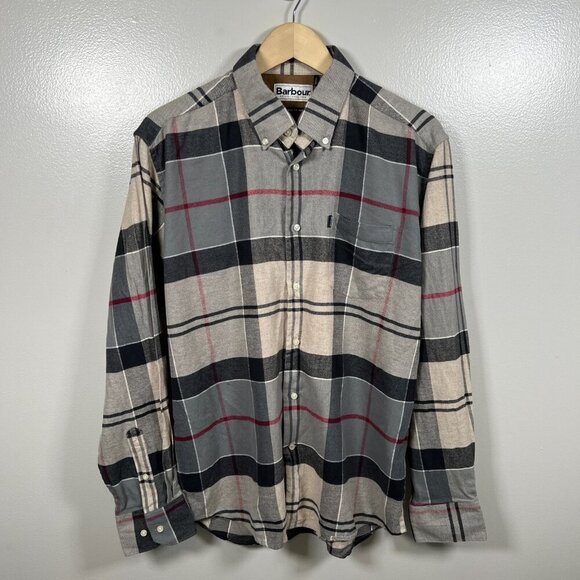 Barbour John Flannel Shirt Size Medium Plaid Button Down Brown Black Preppy - Picture 1 of 12
